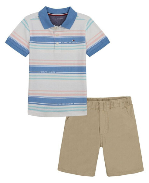 Toddler Boys Multi Stripe Polo Shirt Twill Shorts Set