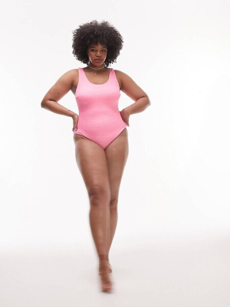 Topshop Curve scoop back crinkle swimsuit in pink 