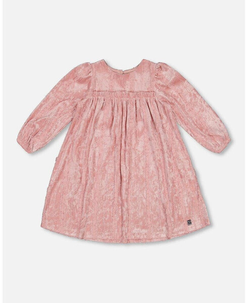 Big Girls Long Sleeve Velvet Dress With Frills Light Pink