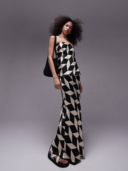 Topshop co-ord satin maxi bias skirt in mono geo print