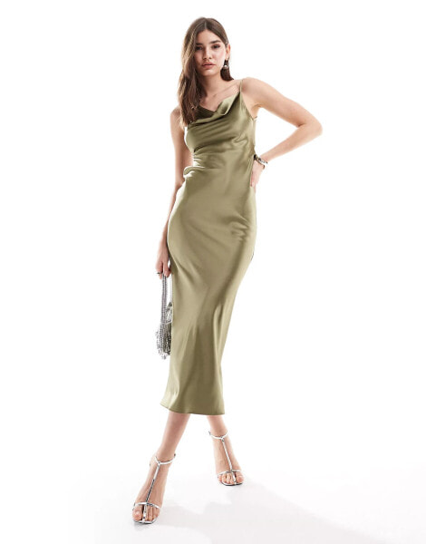 Miss Selfridge satin asym cowl maxi dress in khaki