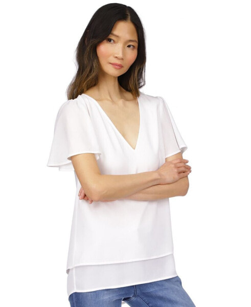 Women's Layered V-Neck Flutter-Sleeve Top