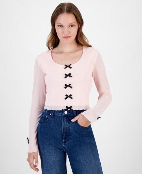 Juniors' Scoop-Neck Bow-Front Mesh Long Sleeve Top