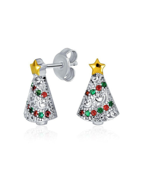 Holiday Golden Star Winter Red Green Cubic Zirconia CZ Sparkly Christmas Tree Stud Earrings For Women