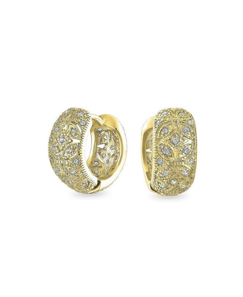 Open Filigree Flower Wide Huggie Hoop Earrings CZ Accent Cubic Zirconia Gold Plated Brass .65 In Diameter