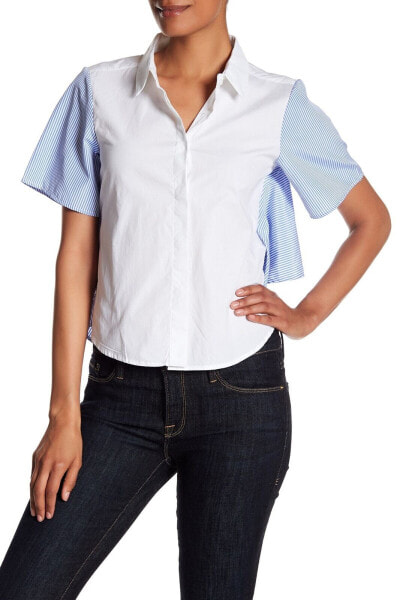 Lea & Viola 153400 Women's Color Block Tie Back Poplin Top White/Blue Sz. Small