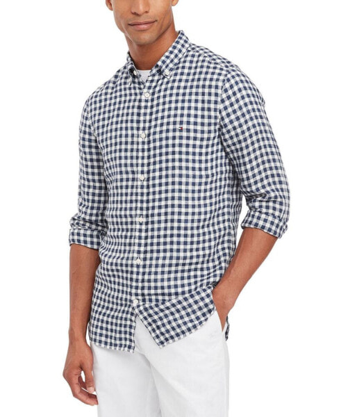 Men's Slim-Fit Gingham Check Button-Down Linen Shirt