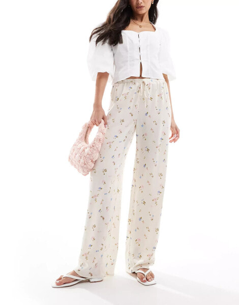 ASOS DESIGN linen blend pull on wide leg trouser in ditsy print