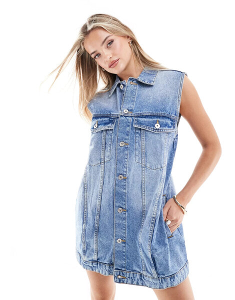 Bershka oversized longline denim waistcoat in indigo wash