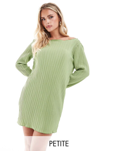 Vero Moda Petite plisse mini dress with fluted sleeve in mid green