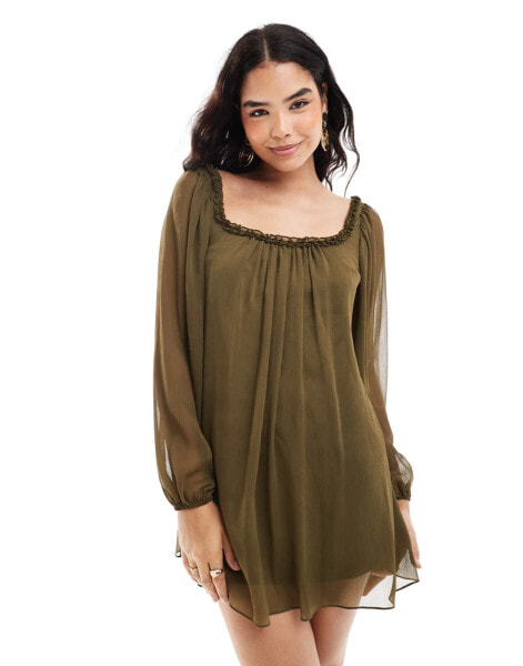 ASOS DESIGN ruffle neck mini smock dress in khaki