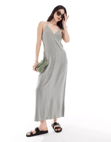 Stradivarius linen look cami maxi dress in washed khaki