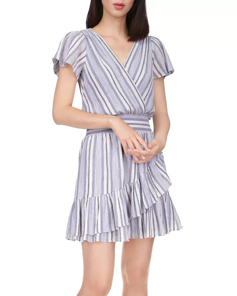 Michael Michael Kors Short Sleeve Striped Faux Wrap Dress DK Chambray M