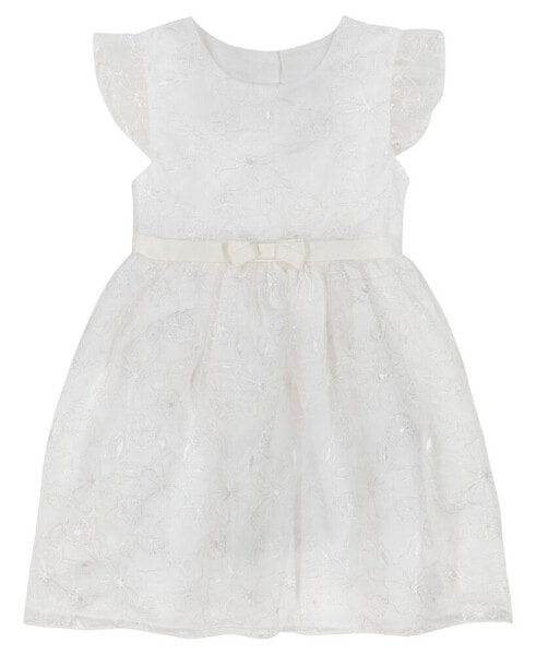 Baby Girls White Embroidered Flutter Sleeve Fit-and-Flare Dress