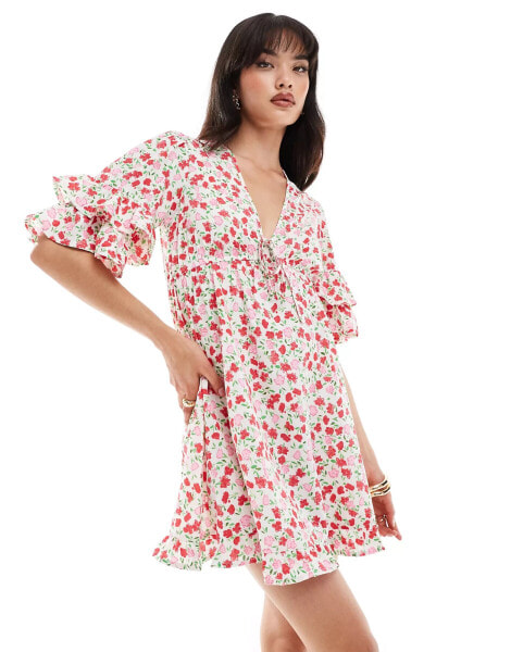 Wednesday's Girl floral print deep-v mini smock dress in pink