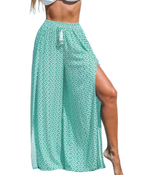 Women's Green Ditsy Tassel Tie Wide Leg Pants