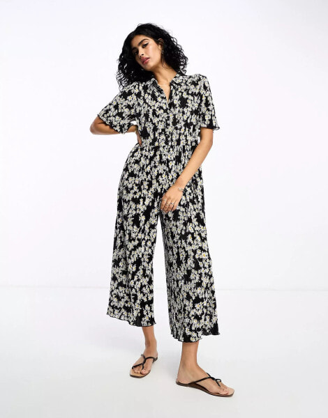 ASOS DESIGN plisse smock collar jumpsuit in black ditsy