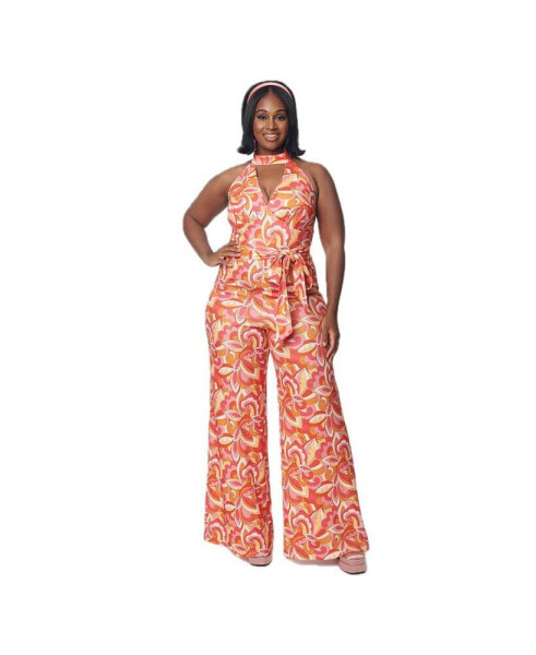 Plus Size Sashed Sleeveless Halter Glamour Goddess Jumpsuit