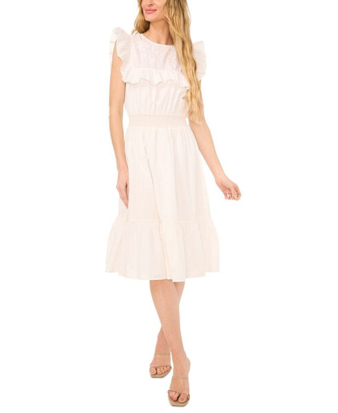 Women's Ruffle Embroidered Yoke Midi Dress