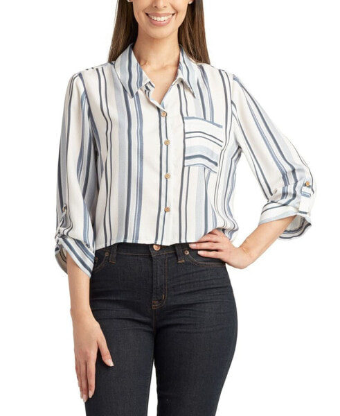 Juniors' Printed Button-Front Roll-Tab-Sleeve Crop Shirt