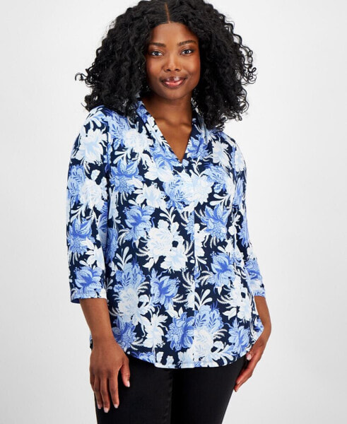 Plus Size Linear Garden V-Neck Top, Created for Macy's