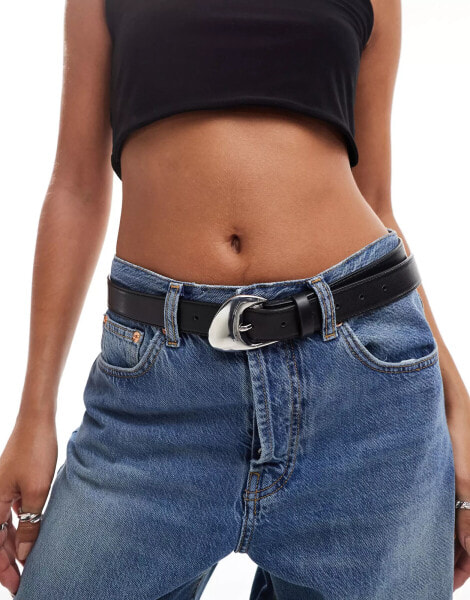 ASOS DESIGN angled buckle waist and hip jeans belt in black