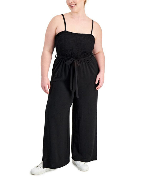 Trendy Plus Size Smocked Spaghetti-Strap Jumpsuit