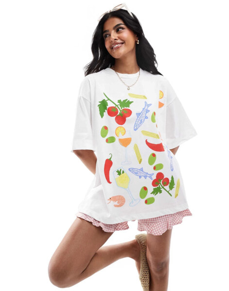 ASOS DESIGN oversized t-shirt with food print in white