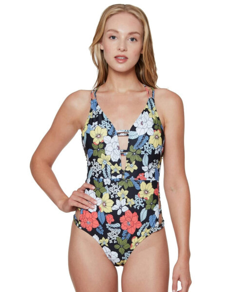 Jessica Simpson Womens V Neck One Piece Swimsuit Bathing Suit, Mandarin Multi, S