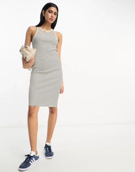 Vila ribbed jersey racer neck mini dress in black stripe