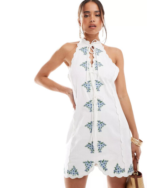 Mango embroidered lace up mini dress in white