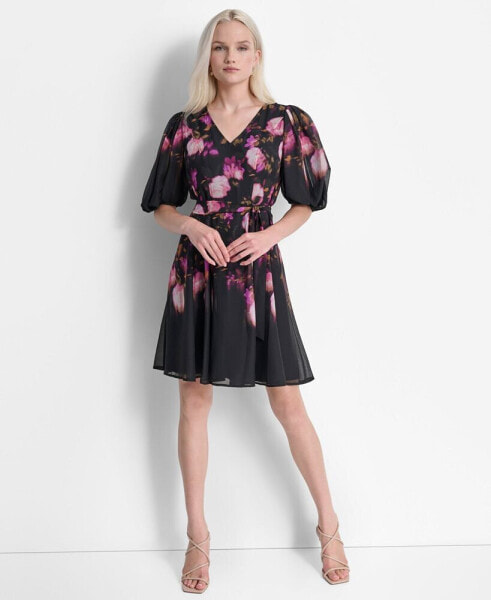 Women's Floral Tie-Waist Balloon-Sleeve Dress