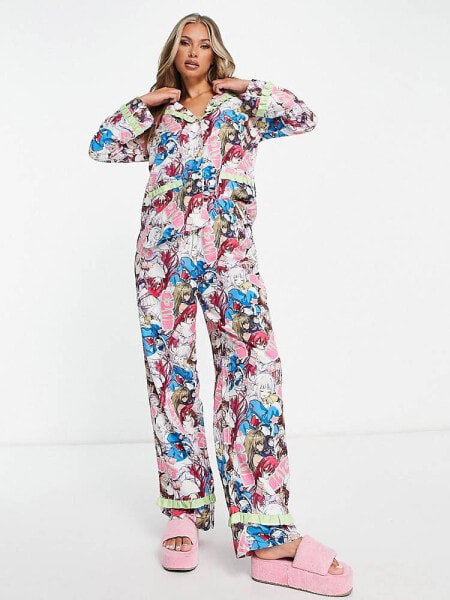 New Girl Order Anime printed revere and trouser pyjama set with ruffle trim