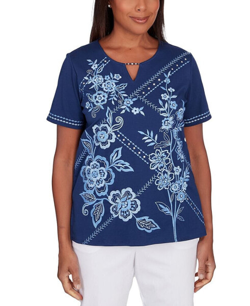 Petite Blue Bayou Embroidered Keyhole Top