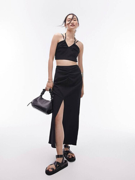 Topshop co-ord centre front ruched maxi skirt in black