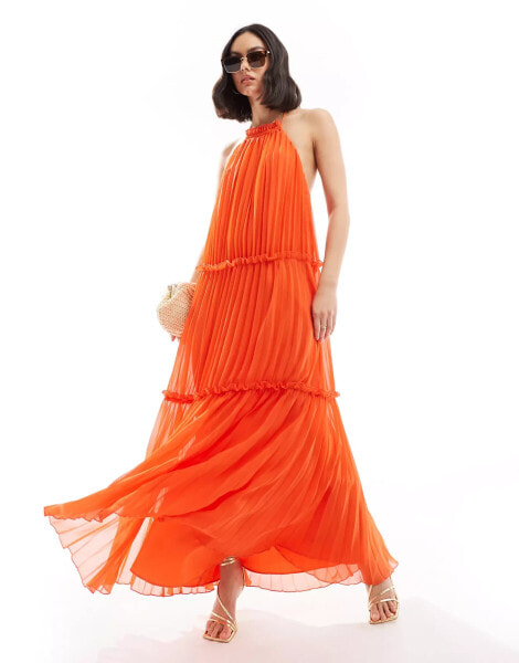 ASOS DESIGN halter neck pleat frill maxi dress in tomato