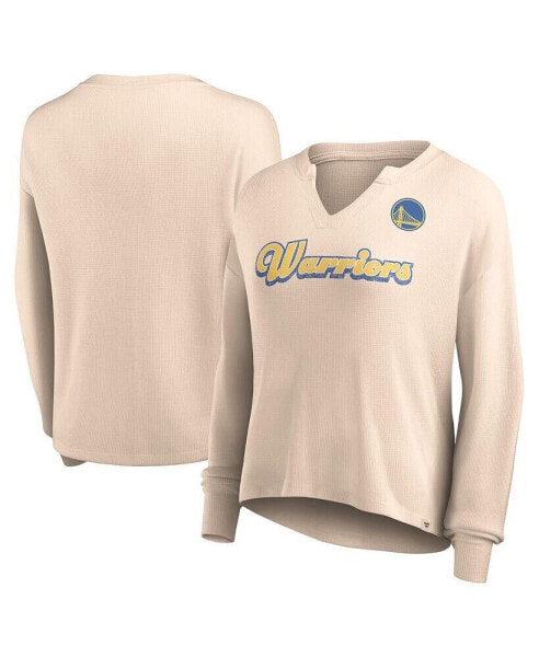 Women's Tan Distressed Golden State Warriors Go For It Long Sleeve Notch Neck T-shirt