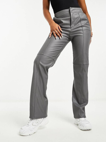 ASOS DESIGN faux leather seam detailed straight leg trouser in grey