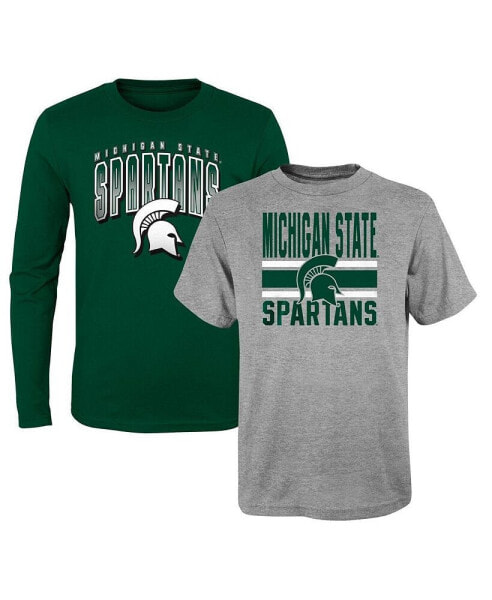 Preschool Boys and Girls Green, Heather Gray Michigan State Spartans Fan Wave Short and Long Sleeve T-shirt Combo Pack