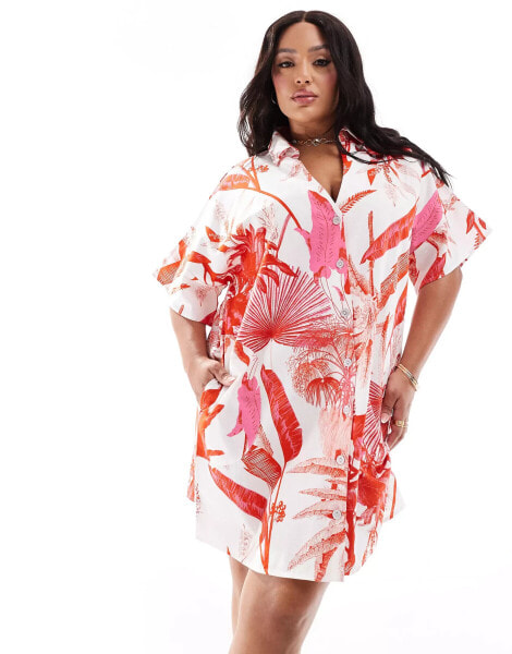 ASOS DESIGN Curve short sleeve linen boxy mini shirt dress in red tropical print