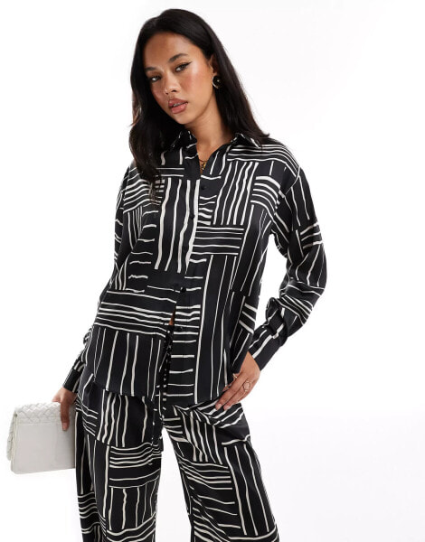 Style Cheat oversized satin shirt in mono print co-ord