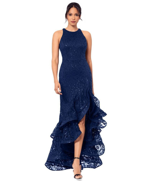 Women's Sequined Lace Ruffle-Hem Gown