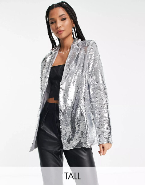 Extro & Vert Tall oversized blazer in silver sequin co-ord