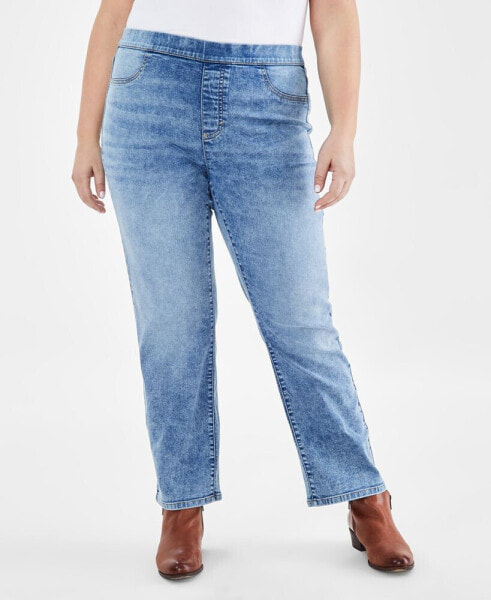 Plus Size Mid Rise Straight-Leg Pull-On Jeans, Created for Macy's