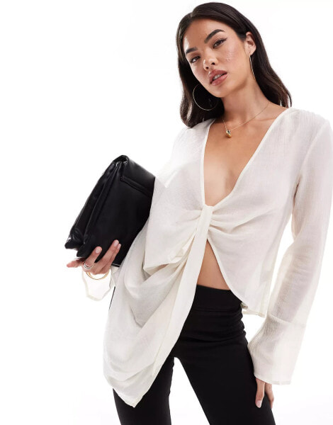 SNDYS sheer plunge knot detail blouse in white