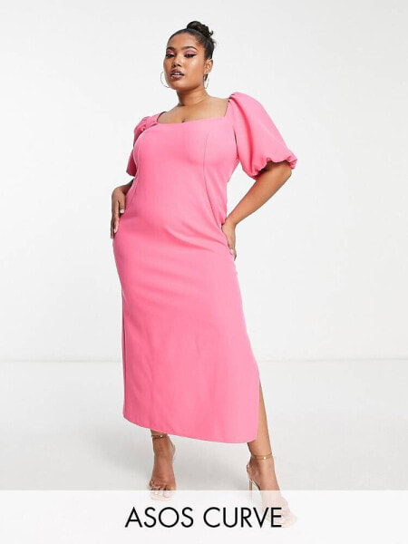 ASOS DESIGN Curve puff sleeve midi dress with asym neck line in hot pink 