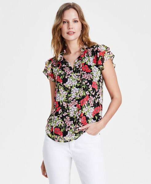 Petite Floral Print Split-Neck Flutter-Sleeve Top