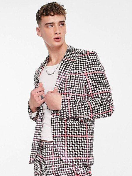 Twisted Tailor ribery skinny suit jacket in pink houndstooth check