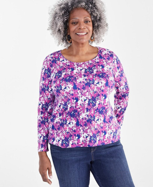 Plus Size Printed Scoop-Neck Long-Sleeve Top, Created for Macy's