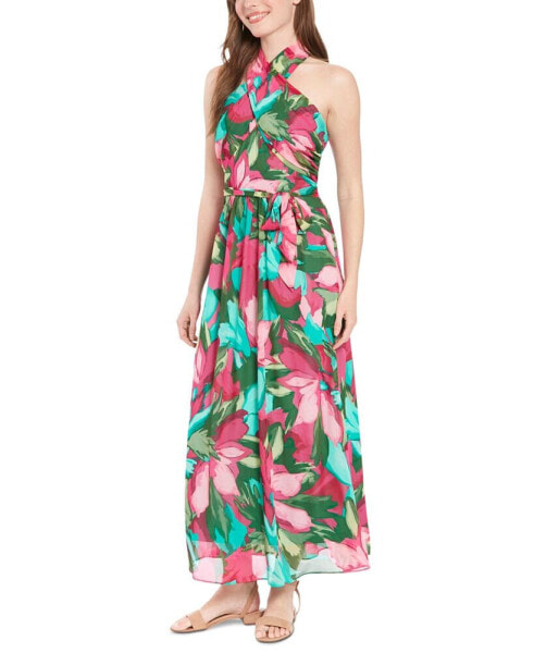 Women's Floral-Print Wrap-Neck Tie-Front Halter Maxi Dress